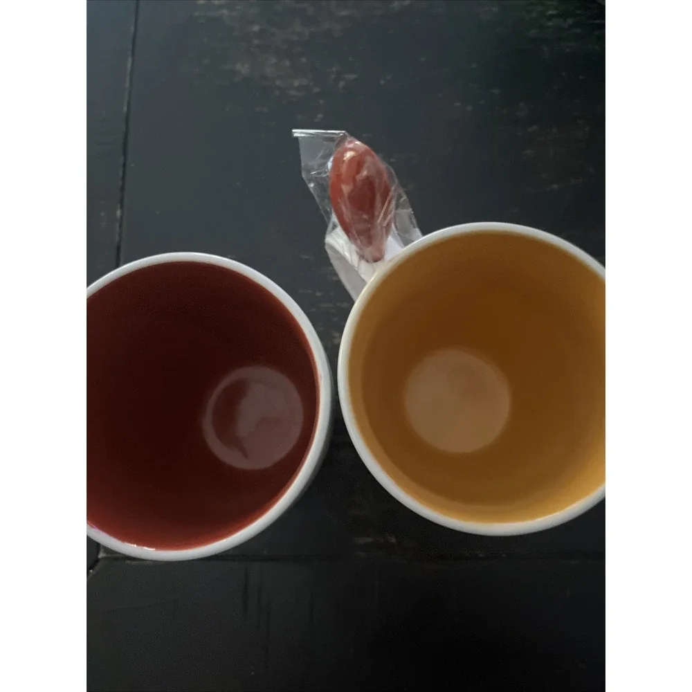(2) Pier 1 Floral Hand-Painted Stoneware 12 oz. Coffee Mug Cup White Orange Red